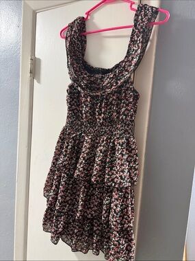 Rachael & Chloe Black Floral Tiered Sundress with Pink and Cream Blossoms